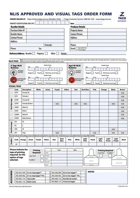 NLIS APPROVED AND VISUAL TAGS ORDER FORM 